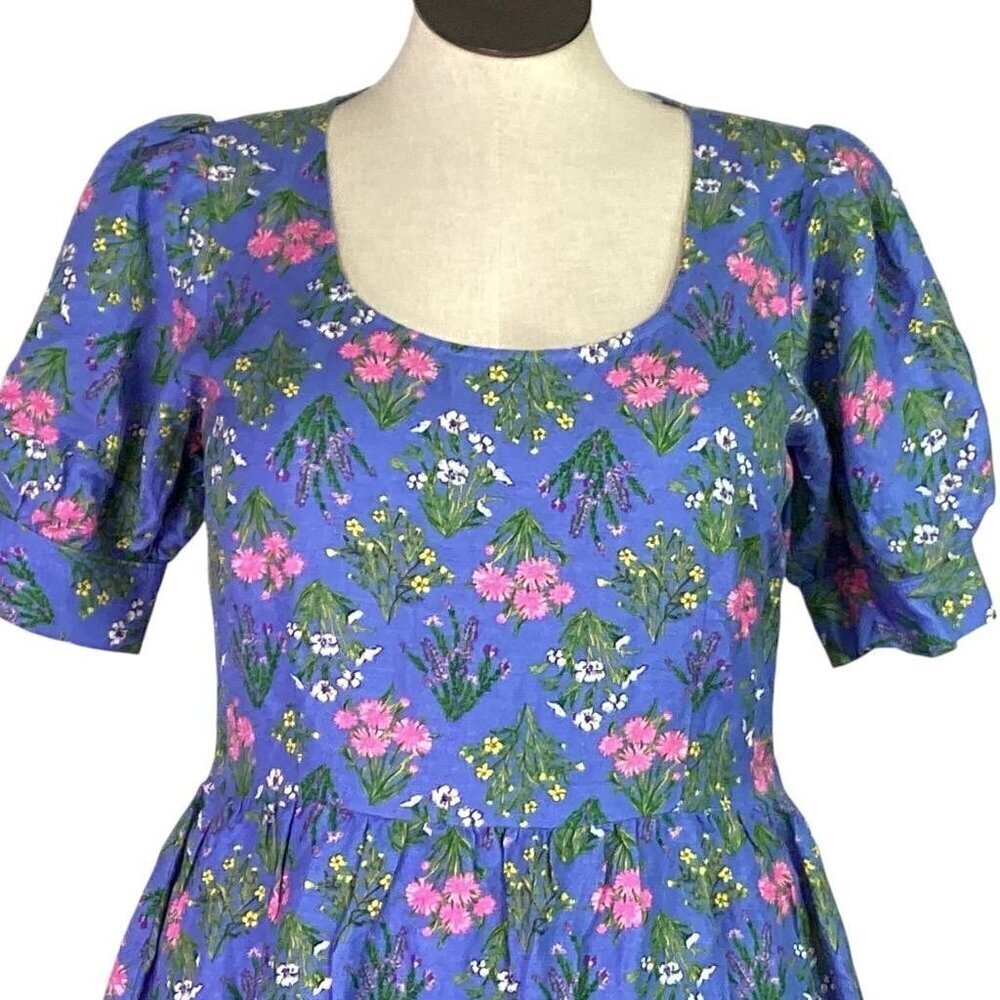 Loft Fit Flare Floral Mini Dress Women 10T Tall Blue Puff Sleeve Cottagecore NEW - Picture 3 of 9
